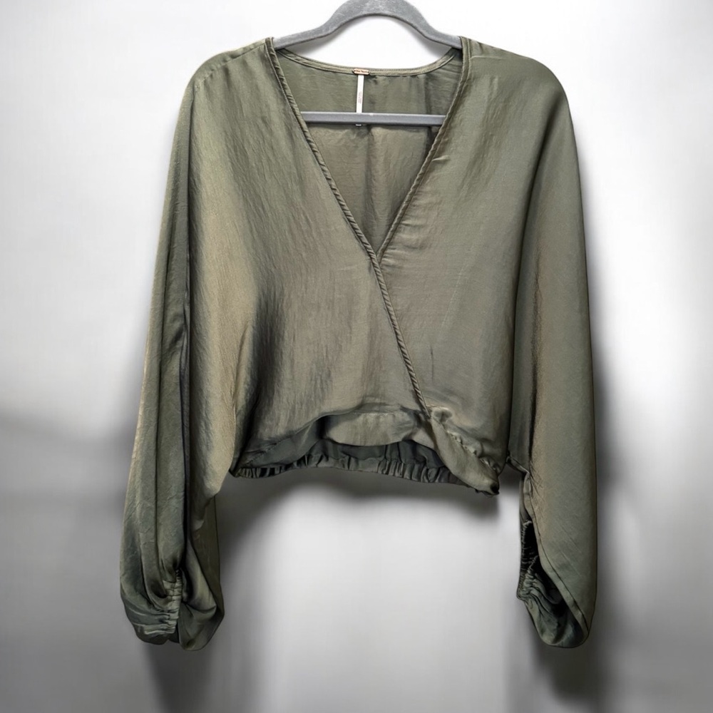 Free People Olive Satin Surplice Cropped Blouse